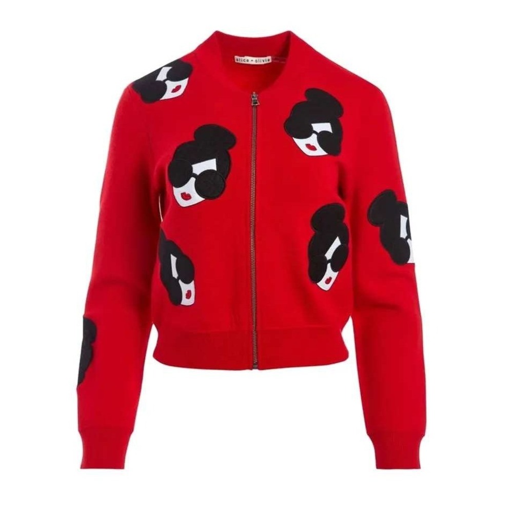 Alice + Olivia Theron Stace Face Zip Up Wool Cardigan Bomber Red XS